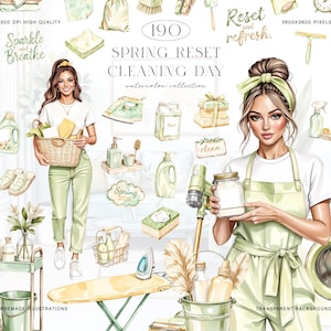 May include: Watercolor illustration titled "Spring Reset Cleaning Day." The image features a collection of cleaning-themed illustrations, including a woman with a basket, cleaning supplies, and text that reads "Sparkle and Breathe" and "Reset and Refresh."