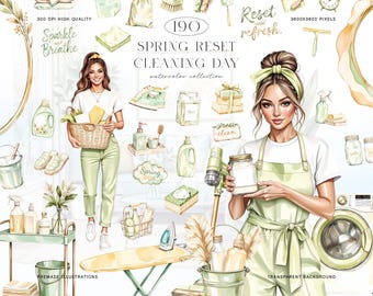 Pacchetto di clipart per le pulizie di primavera, collezione di acquerelli per la giornata delle pulizie