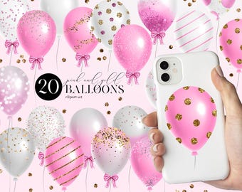 Pink and Gold Balloon Clipart Set, Party Decorations (Digital Download)