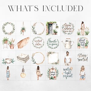 May include: A collection of watercolor illustrations with botanical and lifestyle themes. The images include wreaths, plants, people, and text such as "Grow where you are," "Breathe in green," and "Indoor Jungle."