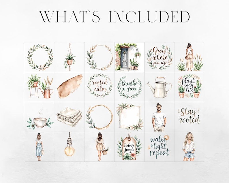 May include: A collection of watercolor illustrations with botanical and lifestyle themes. The images include wreaths, plants, people, and text such as "Grow where you are," "Breathe in green," and "Indoor Jungle."