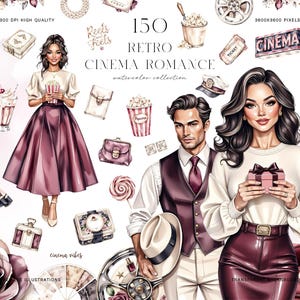 Può includere: Illustrazioni ad acquerello con tema cinema retrò. L'immagine presenta una coppia, popcorn, biglietti del cinema e altri elementi vintage. Il testo include "150 Retro Cinema Romance" e "Cinema Vibes". La tavolozza dei colori comprende bordeaux, crema e rosa.