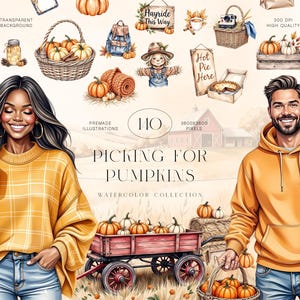 Può includere: Illustrazione ad acquerello con zucche, cesti e un carro. L'immagine include il testo "Picking for Pumpkins" e "Watercolor Collection". Sono raffigurati anche una donna e un uomo.