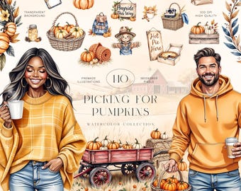 Conjunto de imágenes prediseñadas de acuarela de un huerto de calabazas con ilustraciones de cosecha otoñal y ambiente acogedor.