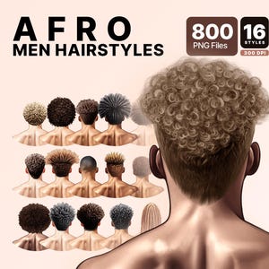Pacchetto PNG di acconciature afro per uomo, 800 grafiche digitali per capelli, 16 stili, 50 colori, file PNG di alta qualità