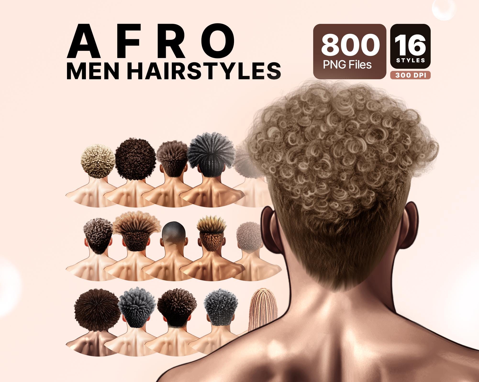 Afro Men Hairstyles PNG Bundle, 800 Digital Hair Graphics, 16