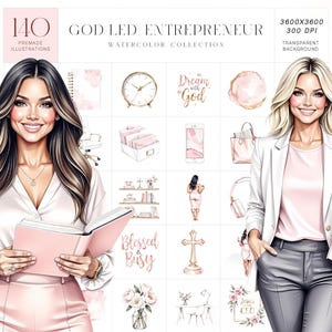 Puede incluir: Ilustraciones digitales en acuarela con temática empresarial. Las imágenes incluyen una mujer sosteniendo un libro, un reloj, un teléfono, un bolso y una cruz. El texto incluye "God Led Entrepreneur", "Blessed & Busy" y "Dream with God".