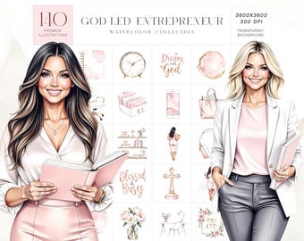 May include: Digital watercolor illustrations featuring a collection of images with a business theme. The images include a woman holding a book, a clock, a phone, a purse, and a cross. The text includes "God Led Entrepreneur", "Blessed & Busy", and "Dream with God".
