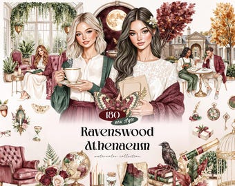 Ravenswood Atheneum Watercolor Clipart, 180 Dark Academia Autumn PNGs