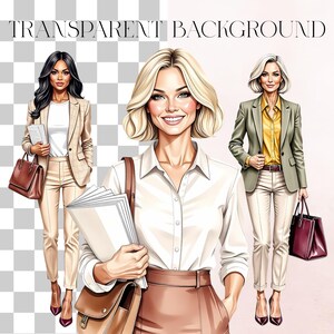 May include: Three illustrations of women in business attire. The women are wearing blazers, blouses, and pants in neutral colors. Each woman is carrying a bag or documents. The text "TRANSPARENT BACKGROUND" is at the top.