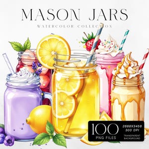 Peut inclure: Un ensemble de 100 illustrations de bocaux en verre Mason peintes à l'aquarelle. Les bocaux sont remplis de diverses boissons, dont de la limonade, du café glacé et des smoothies. Les bocaux sont décorés de citrons, de fraises et de crème fouettée. L'image comprend le texte "MASON JARS WATERCOLOR COLLECTION 100 PNG FILES 2688x3456 300 DPI TRANSPARENT BACKGROUND".