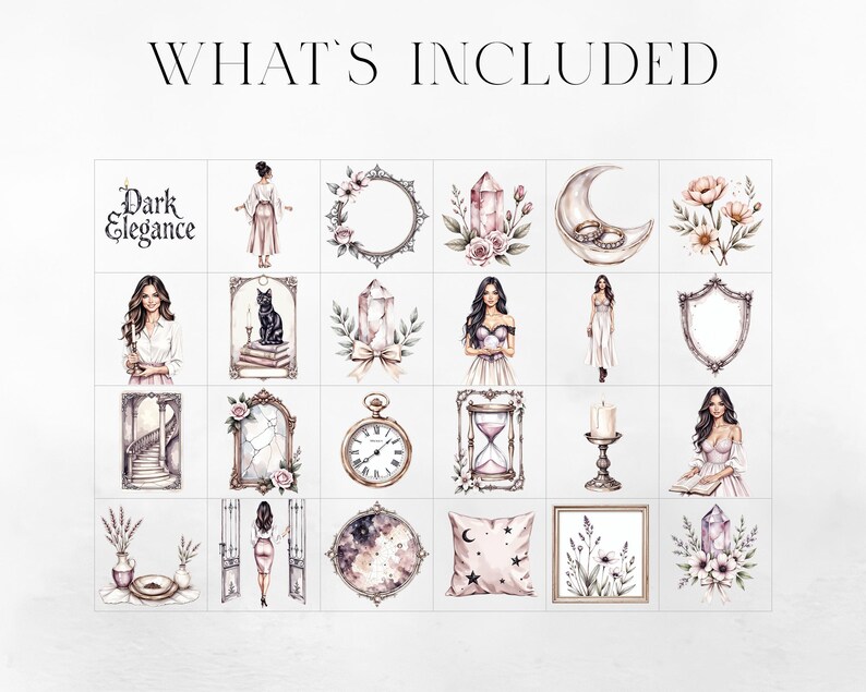 Puede incluir: Una colecci&oacute;n de ilustraciones en acuarela con un tema de elegancia oscura. Las im&aacute;genes incluyen una mujer, un gato negro, una luna con anillos, un reloj de bolsillo, un candelabro y una almohada con un dise&ntilde;o de estrella. El texto "WHAT'S INCLUDED" est&aacute; en la parte superior.