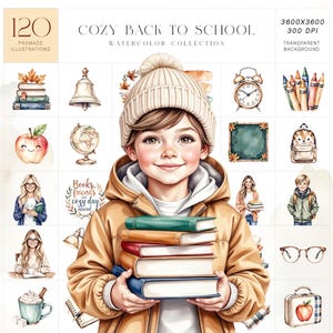 Puede incluir: Colección de ilustraciones en acuarela titulada "Cozy Back to School". La imagen presenta a un niño sonriente sosteniendo una pila de libros, rodeado de ilustraciones temáticas escolares, incluyendo una manzana, un globo terráqueo y una mochila. El texto dice "120 ilustraciones prefabricadas".
