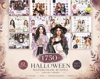 Halloween Watercolor Clipart Mega Bundle, 1750 Transparent PNGs, 12 Collections