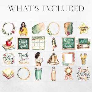 May include: Watercolor illustrations of school-themed items, including a chalkboard with "Great Job!", a star with "Amazing Work", and a bell. The phrase "WHAT'S INCLUDED" is at the top.