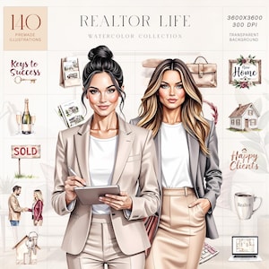May include: Watercolor illustration titled "REALTOR LIFE" featuring two women in business attire. The image includes illustrations of real estate-related items such as a house, keys, and a "SOLD" sign. The image also includes the text "140 PREMADE ILLUSTRATIONS".