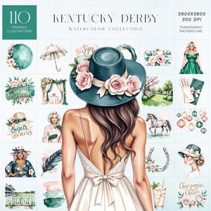 May include: Watercolor illustrations featuring a Kentucky Derby theme. The collection includes images of hats, roses, a woman in a dress, a horse, a horseshoe, and text that reads "Kentucky Derby" and "Champagne, Charm."