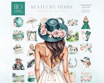 Kentucky Derby Watercolor Clipart Set with Elegant Southern Fashion and Horse Racing Illustrations