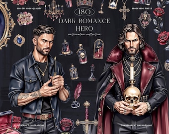 Clipart aquarelle héros romance sombre, ensemble d'illustrations de personnages masculins gothiques fantastiques