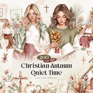 May include: A digital illustration collection featuring watercolor-style images of people reading, a church, a cross, autumn leaves, a teapot, and a radio, with the text 200 new style Christian Autumn Quiet Time watercolor collection.
