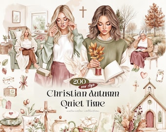 Christian Autumn Quiet Time Watercolor Clipart Bundle, 200 Faith Journal PNGs