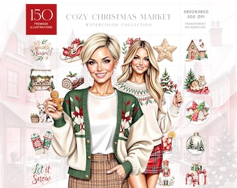 Könnte beinhalten: Aquarell-Illustrationsset mit dem Titel "Cozy Christmas Market" mit 150 vorgefertigten Illustrationen. Das Bild zeigt zwei Frauen und verschiedene Weihnachtselemente, darunter Lebkuchenmänner, Weihnachtsbäume und Geschenkboxen. Der Text "Let it Snow" ist ebenfalls sichtbar.