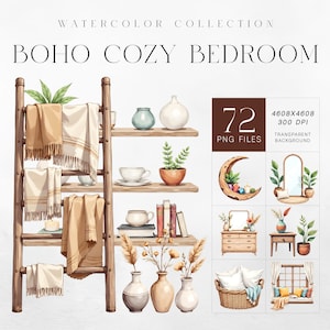 Pacote de clipart de aquarela para quarto aconchegante Boho, 72 elementos PNG, ilustrações de decoração Boho, arte de interior Hygge Home, uso comercial