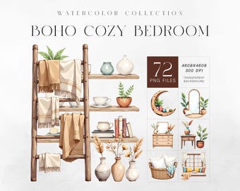 Paquete de imágenes prediseñadas de acuarela para dormitorio bohemio, 72 elementos PNG (descarga digital)
