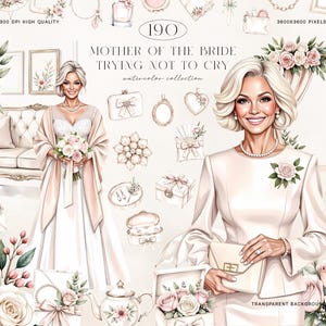 Może przedstawiać: Cyfrowa kolekcja akwareli zatytułowana Mother of the Bride Trying Not to Cry, zawierająca ilustracje kobiety w kremowym garniturze, panny młodej w białej sukni, kompozycje kwiatowe, pudełka prezentowe, biżuterię oraz akcesoria ślubne w odcieniach różu.