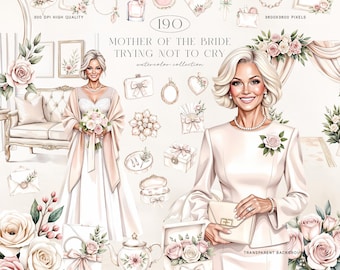 Mother of the Bride Watercolor Clipart, Wedding Mom PNG, Elegant Floral Bridal Shower Graphics