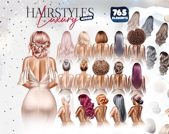 Imágenes prediseñadas de peinados de lujo, 765 elementos, gráficos de cabello (descarga digital)
