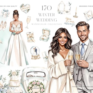 Puede incluir: Ilustraciones en acuarela para una boda de invierno, con una novia y un novio, una tarta de boda y otros accesorios. La imagen incluye el texto "170 Winter Wedding Watercolor Collection". La pareja sostiene copas de champán.