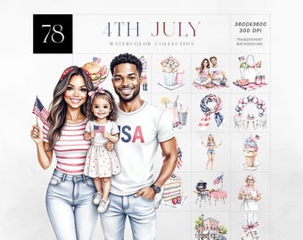 4. Juli Aquarell Clipart Set mit USA Unabhängigkeitstag und Family BBQ Illustrationen