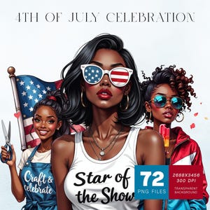 Black Girl 4 juli-clipartbundel | Sublimatie van Afro-Amerikaanse vrouw Independence Day, png | Patriottische VS, commercieel gebruik
