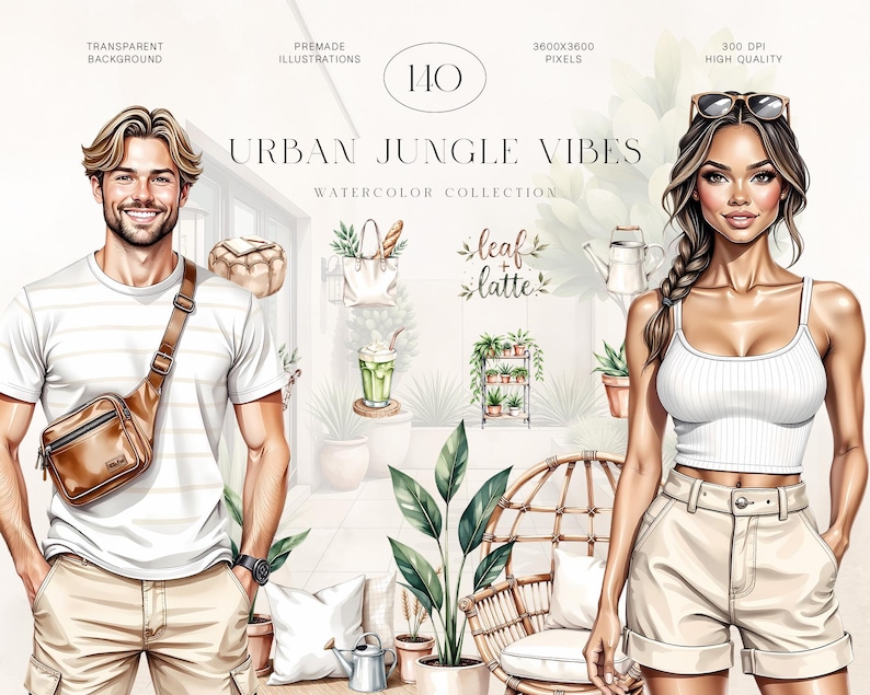 May include: Watercolor collection titled "Urban Jungle Vibes" featuring illustrations of people, plants, and accessories. The image includes text that says "Transparent Background", "Premade Illustrations", "3600x3600 Pixels", "300 DPI High Quality", and "leaf + latte".