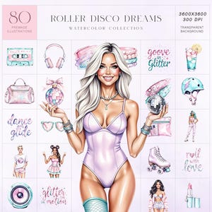 Ensemble de cliparts Roller Disco Dreams, fille rétro aquarelle, vibrations scintillantes, lueur pastel, Groove Energy & esthétique inspirée des années 80, usage commercial