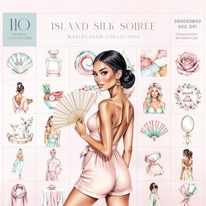 Ensemble de cliparts de soirée en soie de l'île, PNG femme aquarelle avec une lueur élégante, style doux, luxe doux et sérénité de l'île, usage commercial