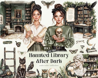 Haunted Library After Dark Watercolor Clipart Bundle, 160 Dark Academia PNGs