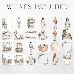 May include: Watercolor illustrations featuring plants, people, and architectural elements. The images include potted plants, figures in casual attire, a door with a wreath, and a stone wall with a balcony. The text "WHAT'S INCLUDED" is at the top.
