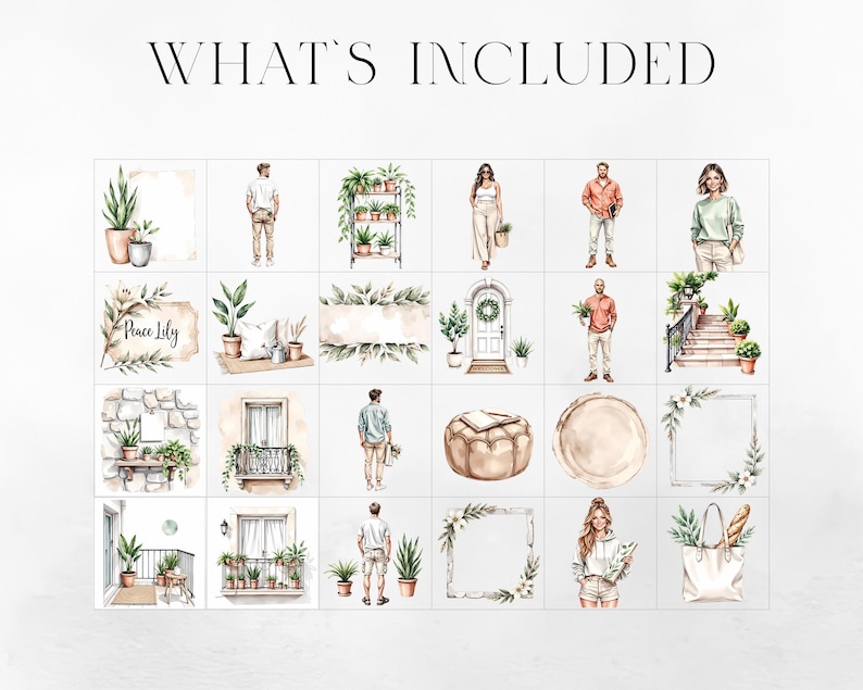 May include: Watercolor illustrations featuring plants, people, and architectural elements. The images include potted plants, figures in casual attire, a door with a wreath, and a stone wall with a balcony. The text "WHAT'S INCLUDED" is at the top.