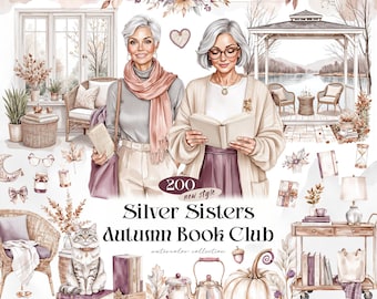 Silver Sisters Autumn Book Club Watercolor Clipart Bundle, 200 Cozy Fall PNGs