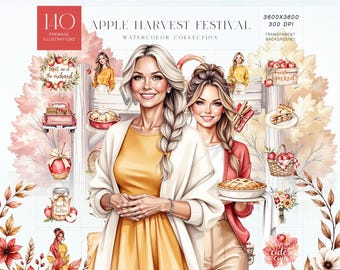 Op de afbeelding: Waterverzameling met de titel "Apple Harvest Festival". De afbeelding toont twee vrouwen, illustraties met appels en tekst zoals "Meet me at the orchard", "Fresh Picked" en "Apple Cider Cups". De illustraties omvatten appels, taarten en een vrachtwagen.