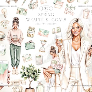 Op de afbeelding: Waterverfillustraties met het thema rijkdom en doelen. De afbeeldingen tonen vrouwen, financiële hulpmiddelen en motiverende tekst. De tekst bevat "180 Spring Wealth & Goals". De illustraties zijn van hoge kwaliteit en hebben een transparante achtergrond.