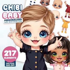 Paquete de imágenes prediseñadas de bebés chibi, imágenes prediseñadas de muñecas bebés adorables, ilustración digital de bebés, creador de personajes DIY, gráficos PNG de muñecas bebés, arte de 300 DPI