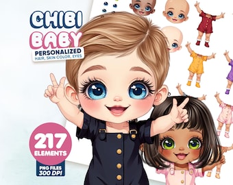 Pacchetto clipart Chibi Baby, creatore di personaggi fai da te (PNG, 300 DPI)