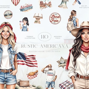 May include: A digital watercolor collection titled "Rustic Americana" featuring illustrations of American themes. The image includes portraits of women, an American flag, and various patriotic elements. The collection includes 110 premade illustrations.