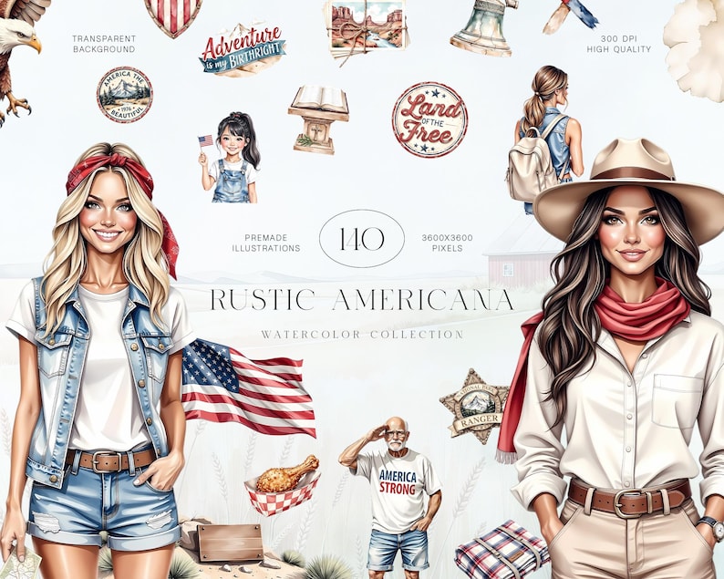 May include: A digital watercolor collection titled "Rustic Americana" featuring illustrations of American themes. The image includes portraits of women, an American flag, and various patriotic elements. The collection includes 110 premade illustrations.