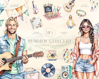 Music Festival Clipart Kit, Boho Summer Concert Watercolor Illustration Set