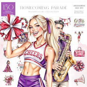 May include: A watercolour illustration collection named "Homecoming Parade" featuring a cheerleader with a pom-pom and a musician with a saxophone. The image includes text that says "Cheers", "Homecoming 202", and "Parade Tonight!"