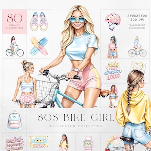 Retro Fahrrad Mädchen Clipart Set, 80er Jahre Stil Aquarell mit stilvollen Mädchen, mit Fahrrädern, Mode, verträumten Farben und Sommergeist, kommerzielle Nutzung